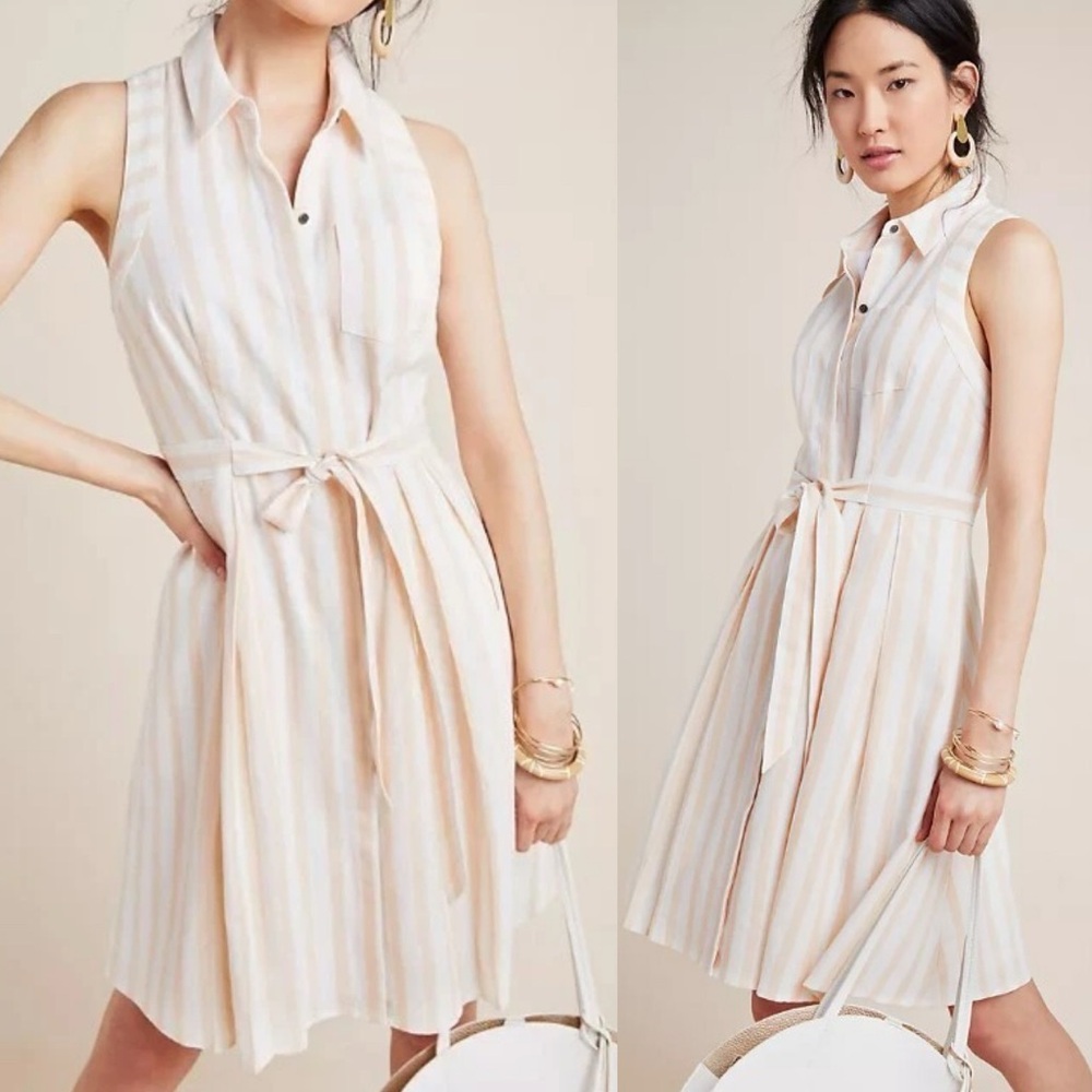 Anthropologie Billie Linen Blend Shirtdress Peach White Striped NEW 10 Mini